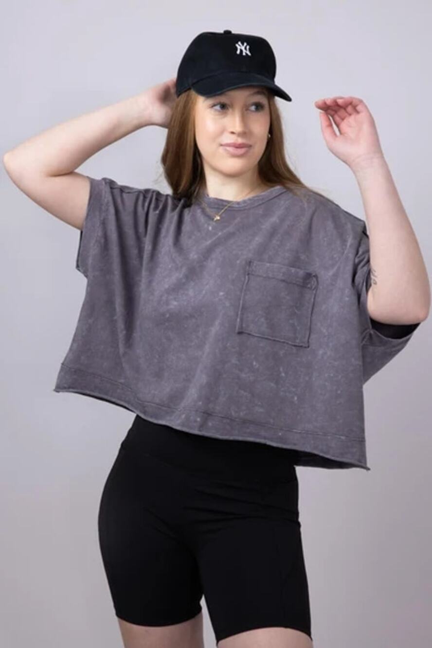 NWT BP Mineral Acid Washed Black Short Sleeve Crop Cropped Pocket Tee Size XS